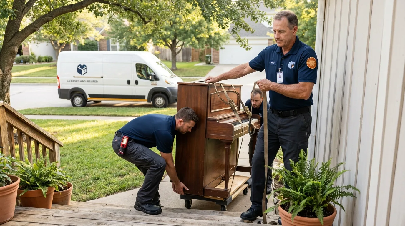 Licensed piano movers securing grand piano in Leoti, KS