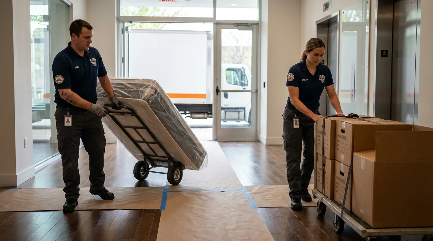 Professional apartment movers loading elevator in Leoti, KS